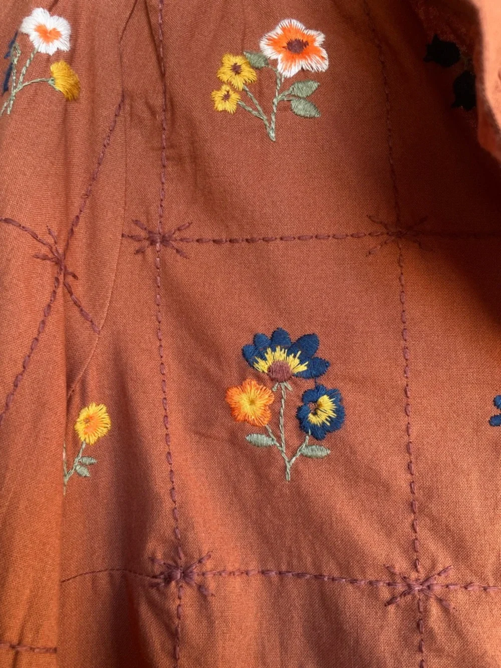 SEZANE Rust Orange Blue Floral Embroidered Ruffle Button Down Shirt Chlo Blouse - Picture 13 of 17